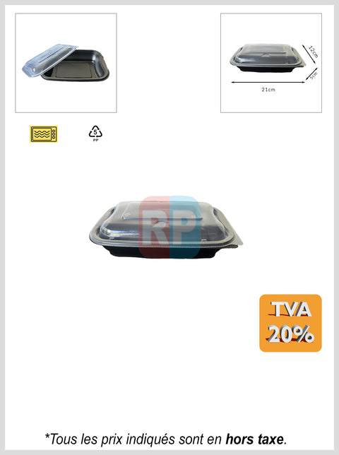Barquette noire rectangle en PP avec couvercle